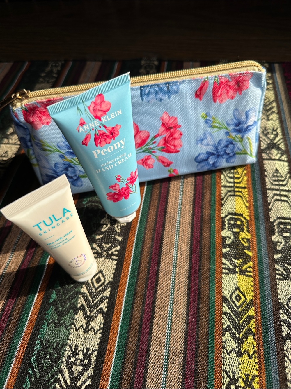 Anne Klein Blue Floral Zip Cosmetic Bag with Pink & Blue Blooms+Tula face wash